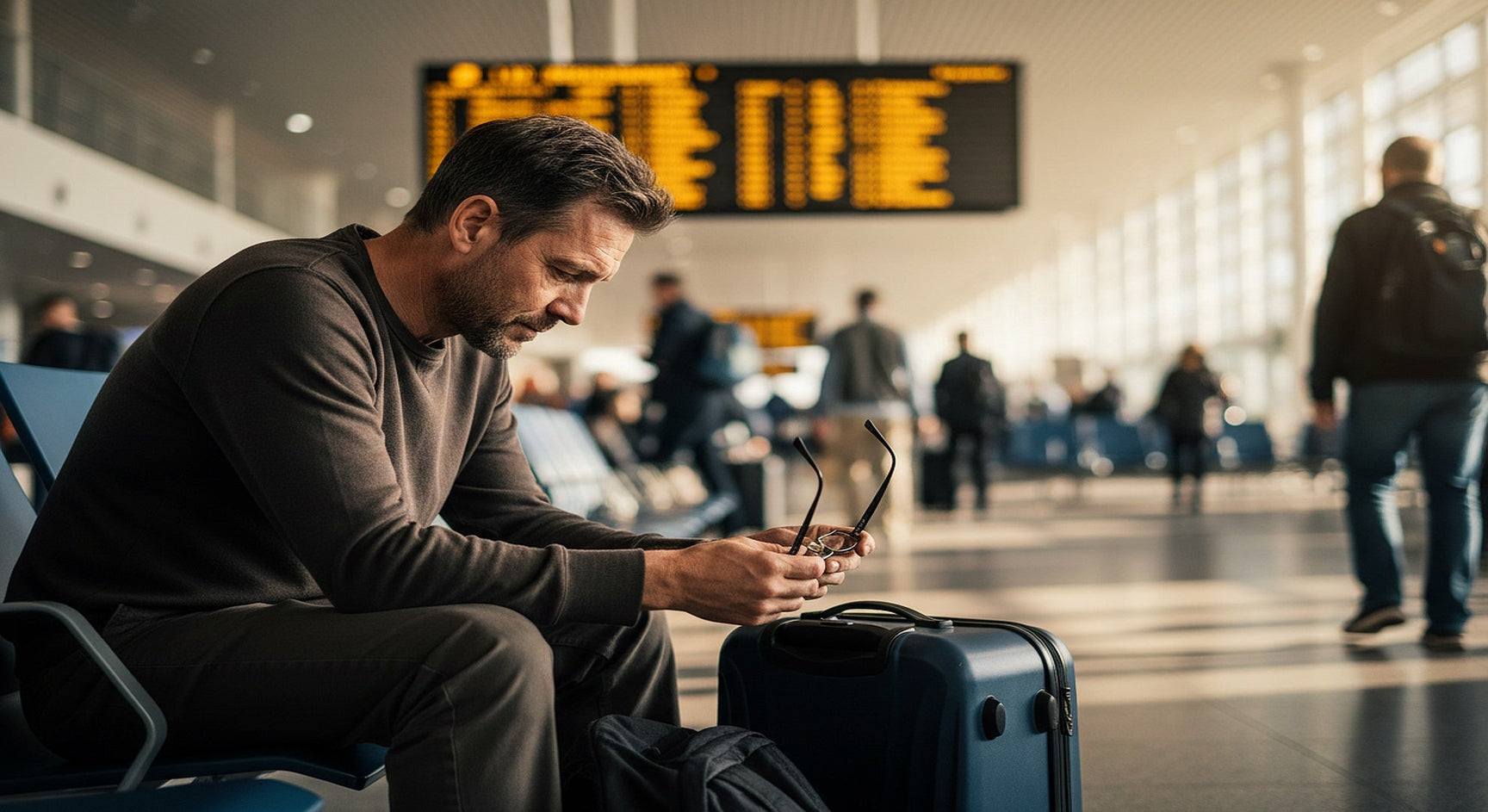 Person at airport holding a broken spare pair of glasses — the cost of not having a backup prescription pair