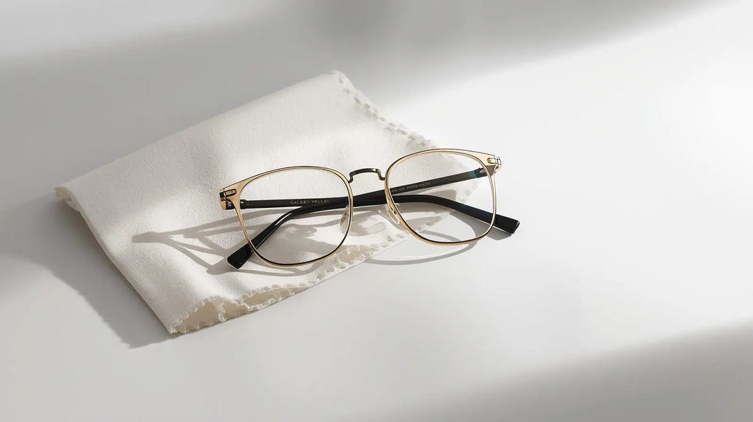 Eyeglasses resting next to a microfibre cloth showing how to care for your eyeglasses at home