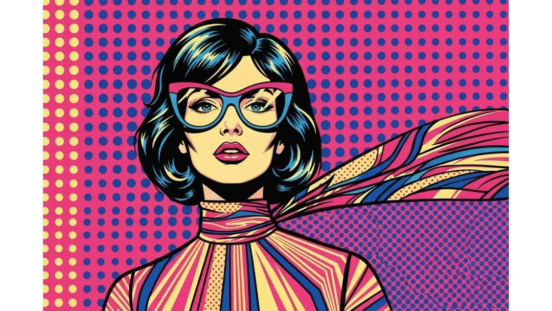 cat eye eyeglass frames — pop art portrait of confident woman wearing prescription cat eye glasses at FuzWeb