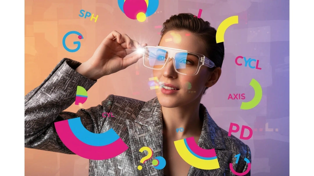 Person holding prescription glasses with floating SPH CYL AXIS ADD PD symbols — prescription glasses online at FuzWeb