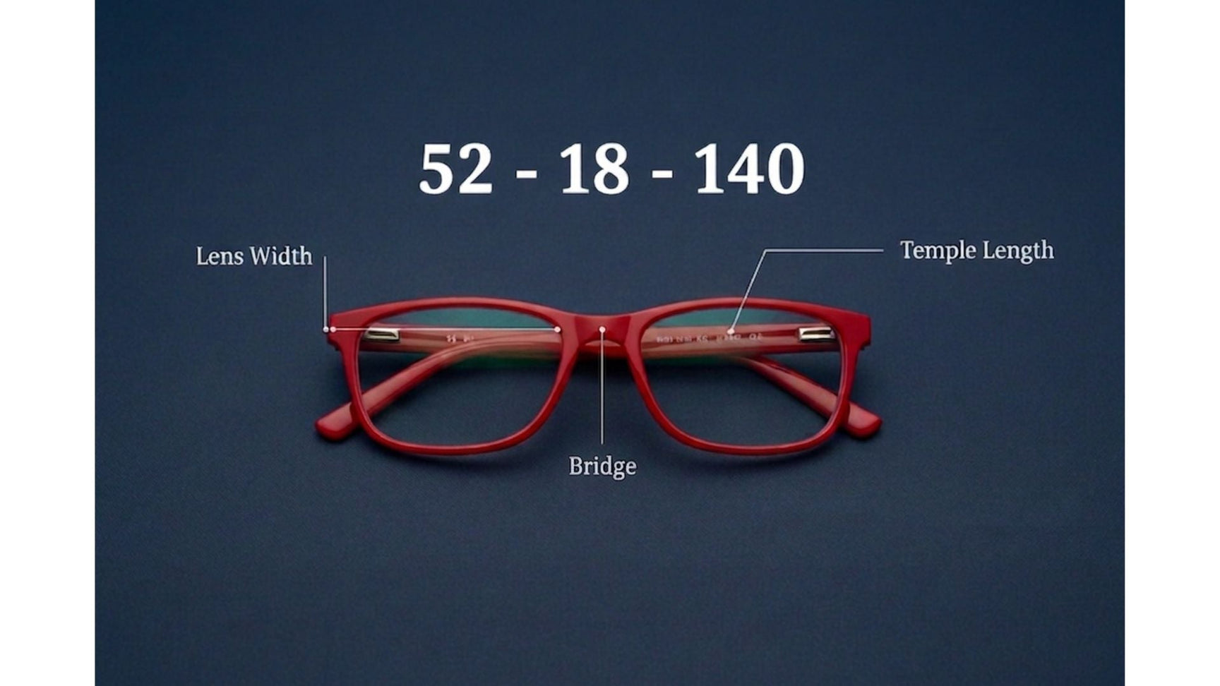 Red eyeglasses diagram showing lens width bridge and temple length measurements — eyeglass temple numbers guide FuzWeb