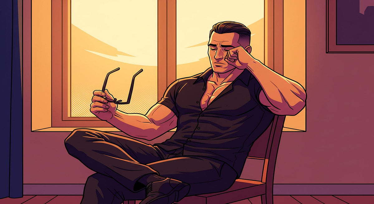 Man in his 30s removing glasses and rubbing tired eyes at end of day, warm golden light, pop art illustration style