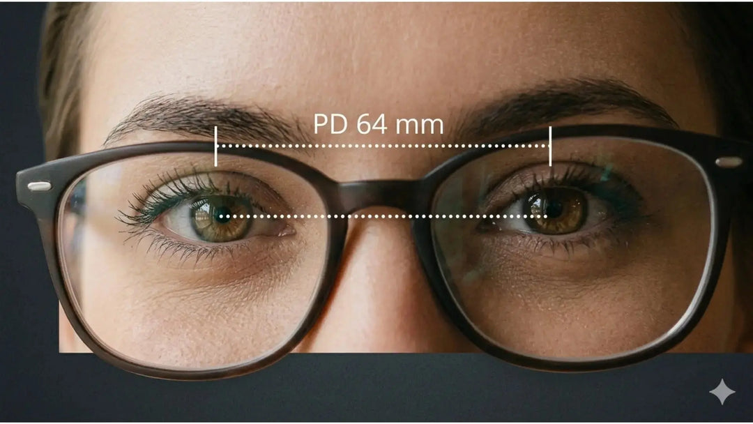 Close-up of eyes wearing black acetate glasses with pupillary distance measurement line — how to measure your PD at home for prescription glasses online at FuzWeb