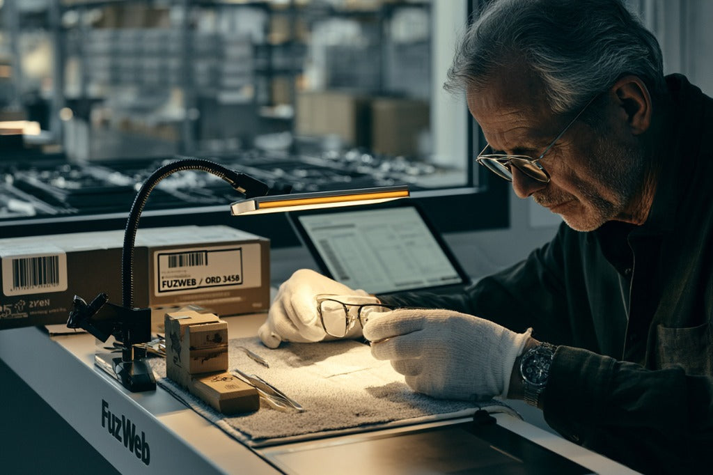 Master optical technician verifying high index custom prescription lenses under precision lighting in FuzWeb laboratory