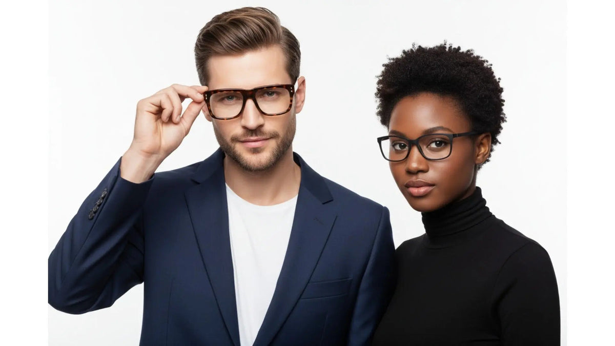 glasses frame measurement guide - man and woman wearing acetate and TR-90 prescription eyeglass frames - FuzWeb from $19.99
