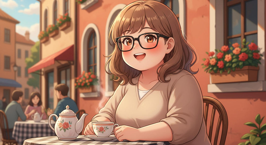 Anime illustration of round-faced woman wearing rectangular prescription glasses at outdoor terracotta cafe with teapot