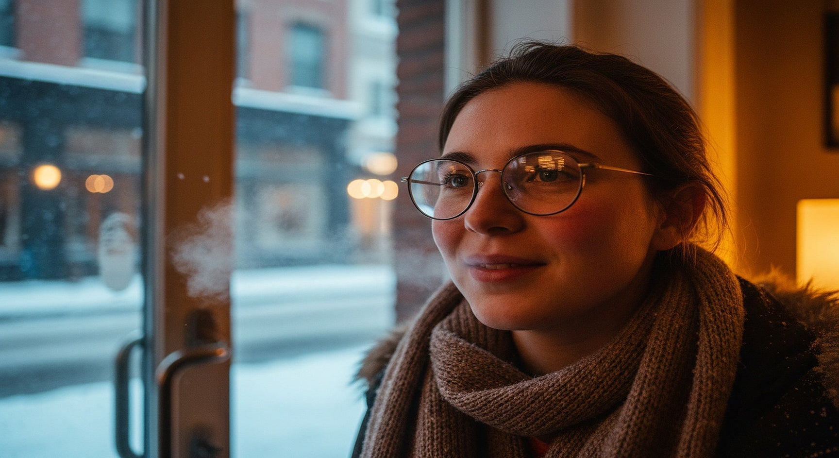 Person wearing anti-fog glasses coating stepping indoors from cold winter air with crystal clear lenses
