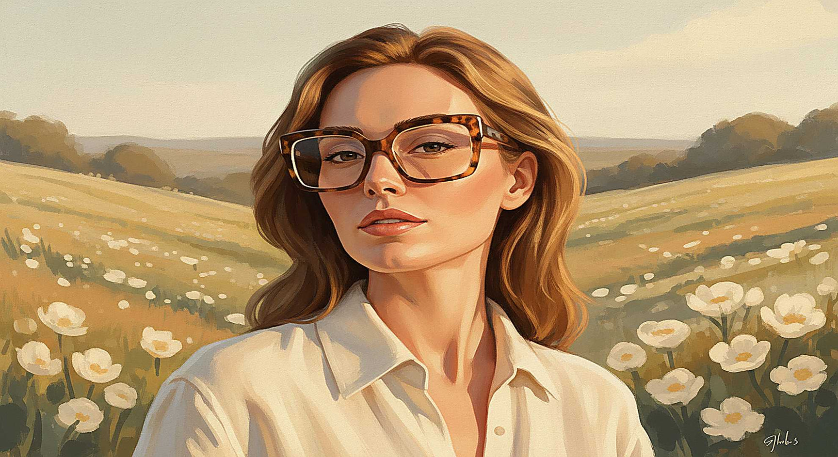 Are glasses attractive — confident woman in oversized acetate frames, warm golden editorial portrait