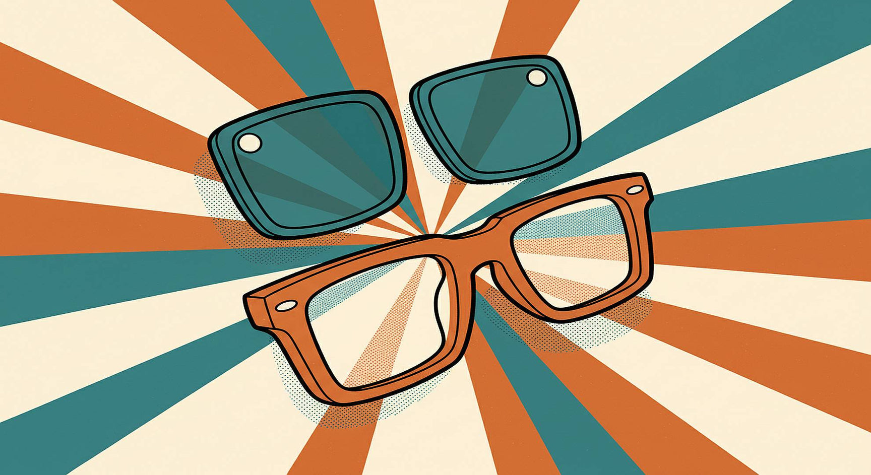 Clip-on sunglasses — bold pop art illustration showing magnetic clip-on lens detached and floating above prescription frame