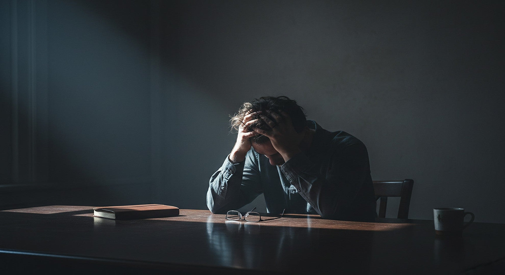 Person at dark desk head in hands with glasses placed in front — why do my glasses cause headaches explained