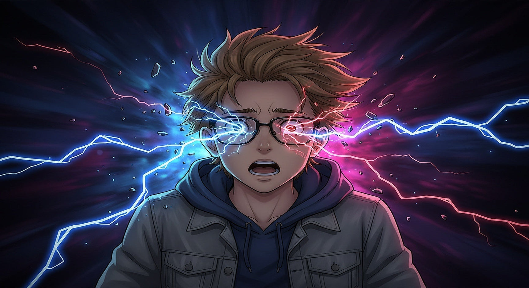 Anime illustration of a person in shock as their prescription glasses shatter with dramatic neon lightning
