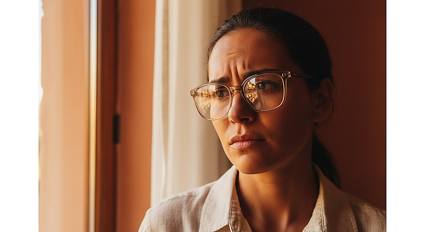 Person looking through prescription glasses experiencing visual distortion and wavy vision through the lens in warm light