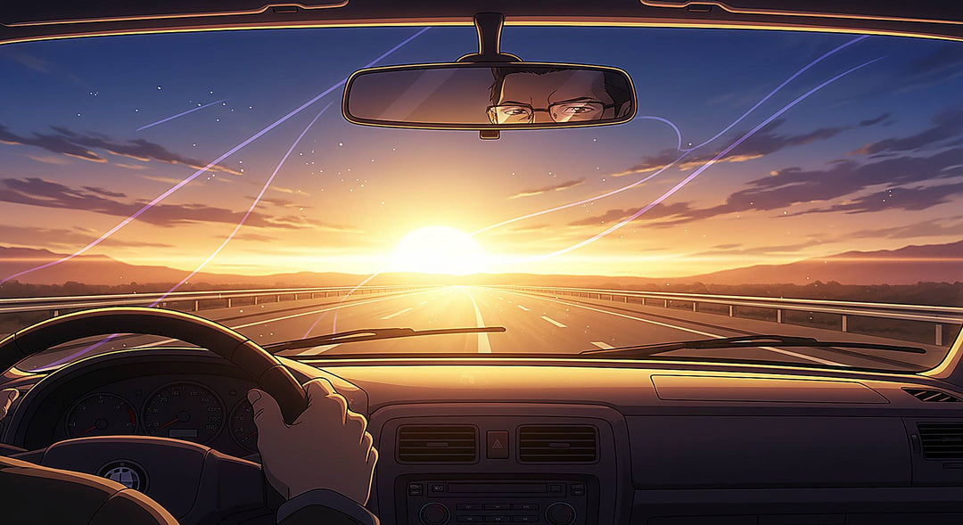 Driver's point of view through car windscreen with bright sunset glare showing why photochromic lenses do not darken inside a car