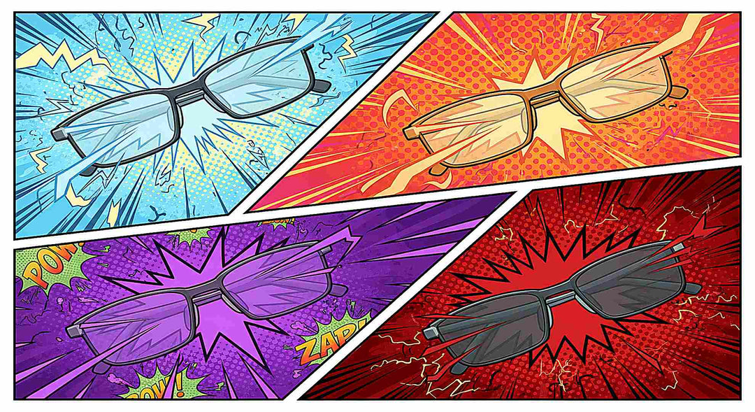 Photochromic lens comparison four darkness levels comic style — FuzWeb lens guide