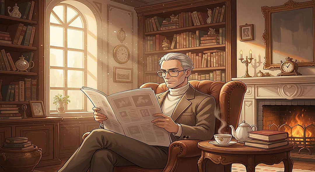 Glasses frames for men over 50 — silver-haired man in his 50s wearing large square titanium frames reading in a warmly lit study