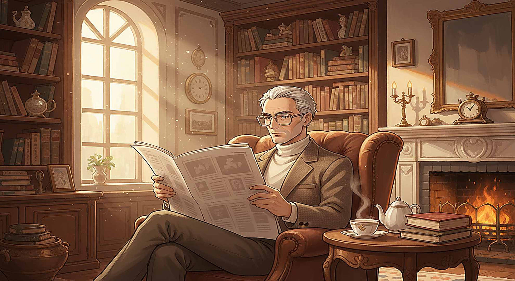 Glasses frames for men over 50 — silver-haired man in his 50s wearing large square titanium frames reading in a warmly lit study