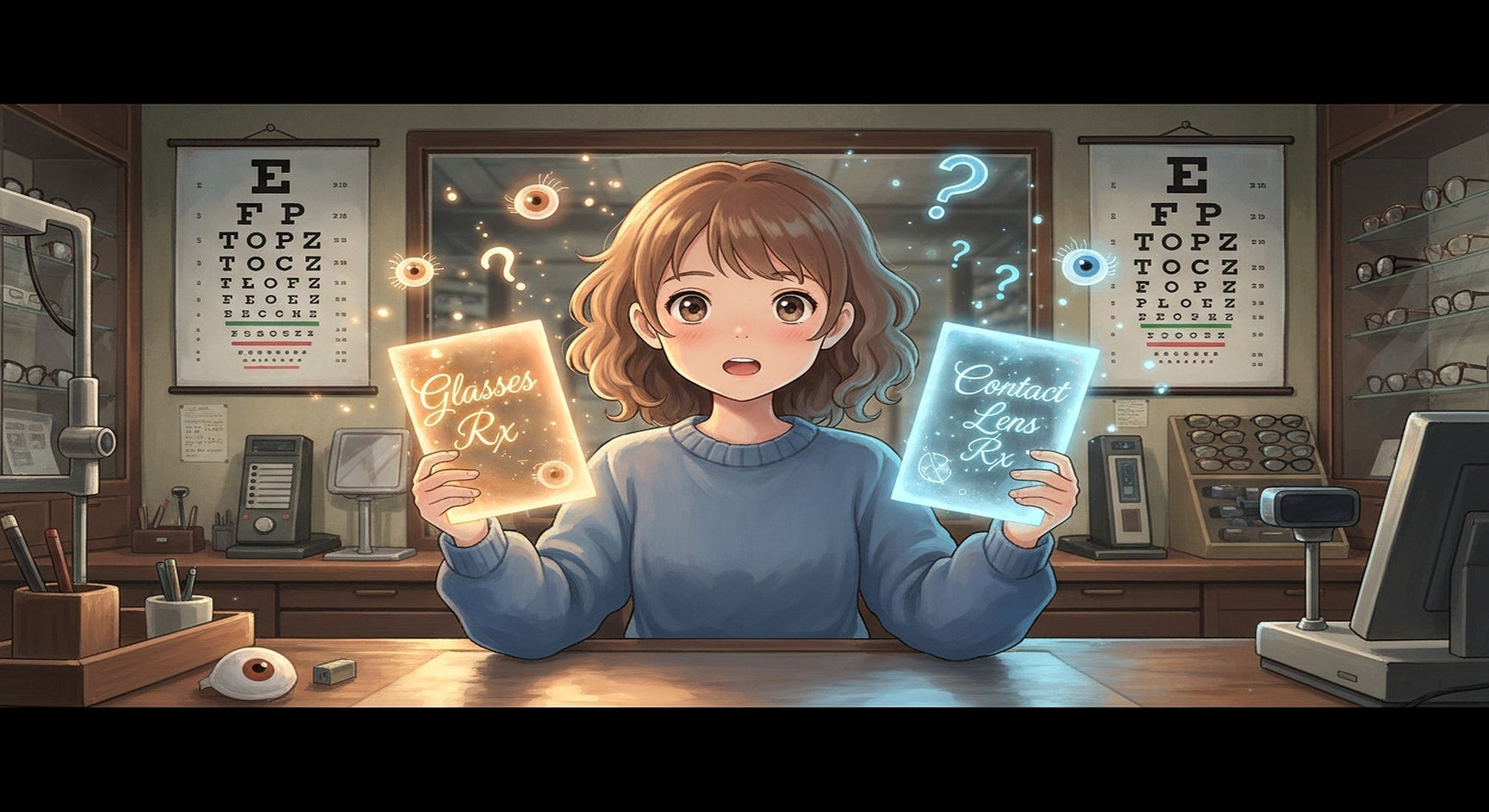 Anime illustration of a person comparing a glasses prescription and a contact lens prescription side by side