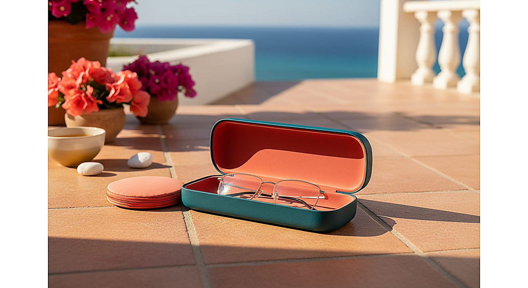Open hard glasses case with prescription eyeglasses on a sun-drenched summer terrace, warm golden light