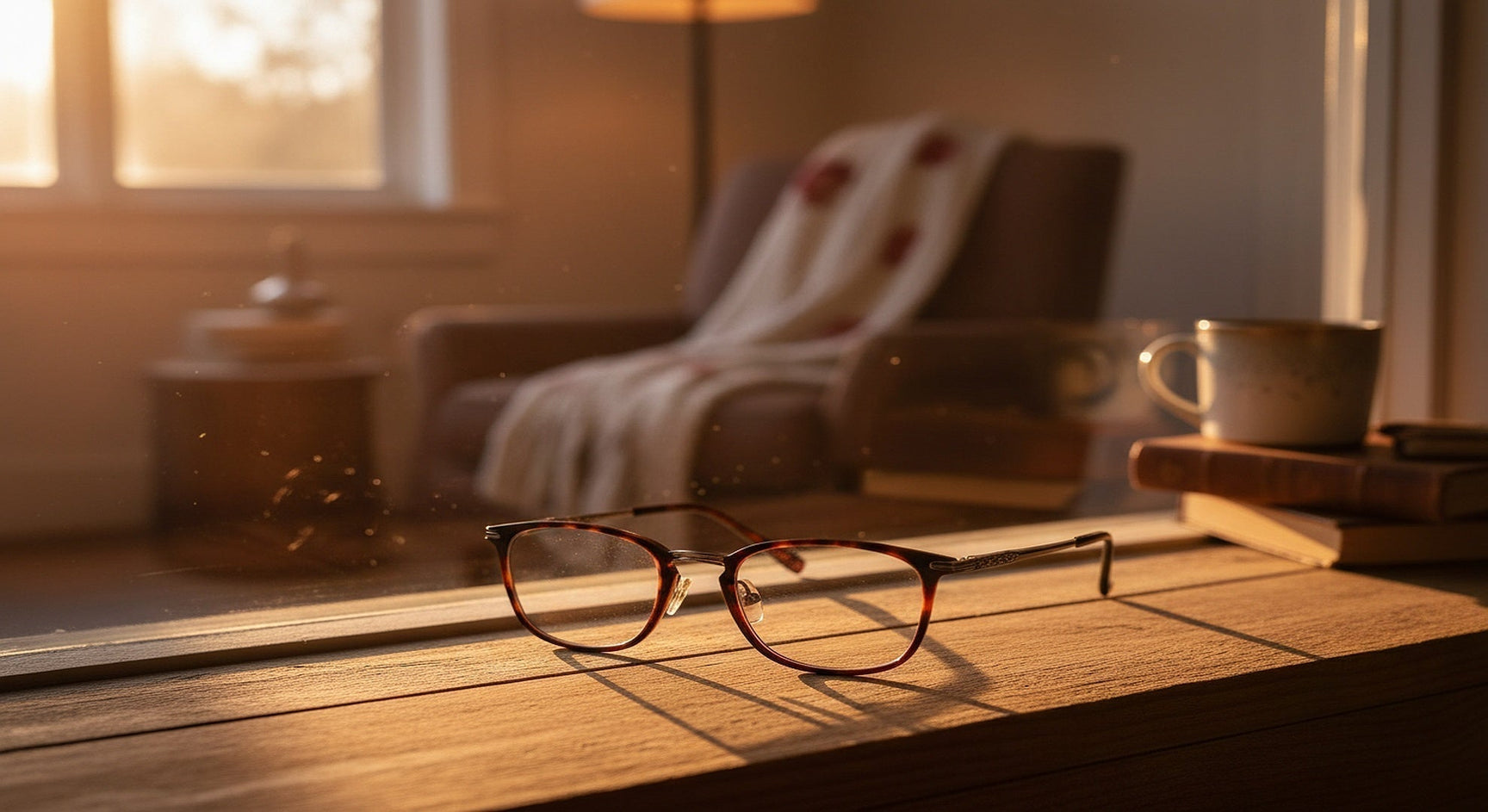 Prescription glasses resting on a wooden surface in warm natural light, buying prescription glasses online with confidence