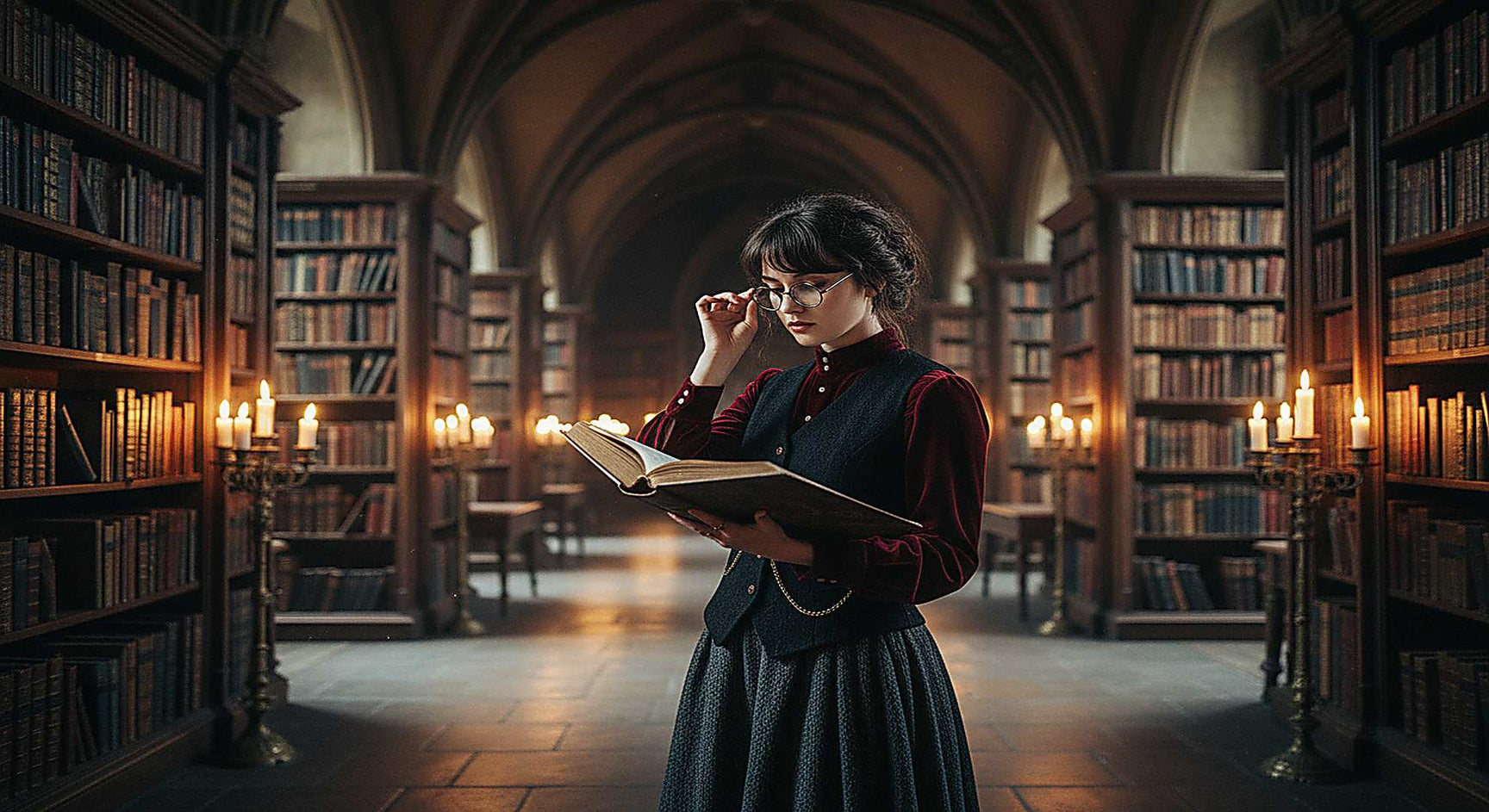 Nerdy woman in gothic castle library pushing sliding prescription glasses up nose while reading ancient book by candlelight