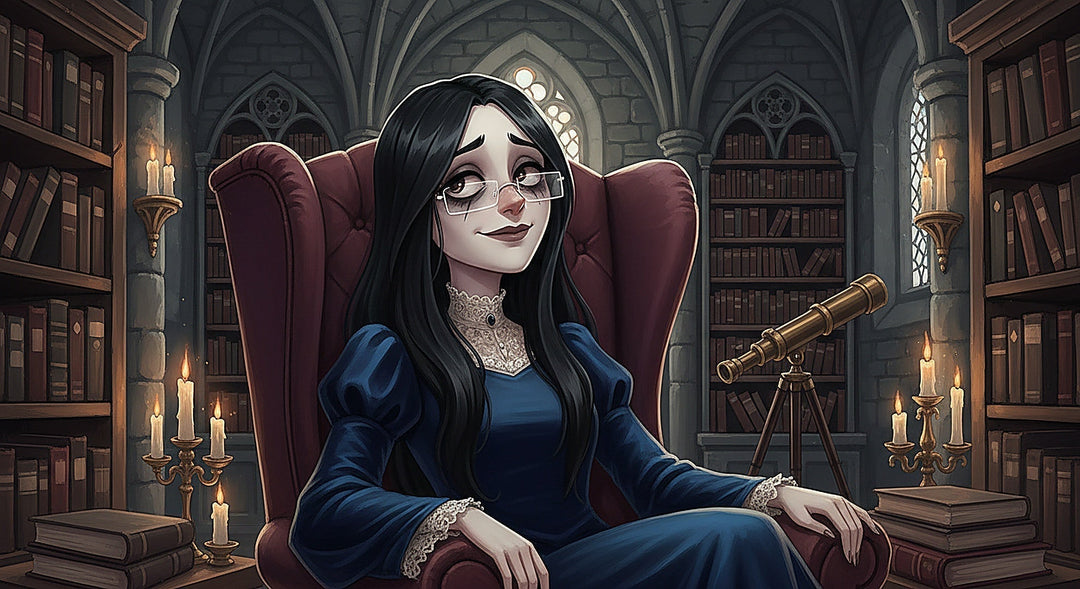 Gothic cartoon character wearing rimless glasses in a castle library — best lens index for prescription guide