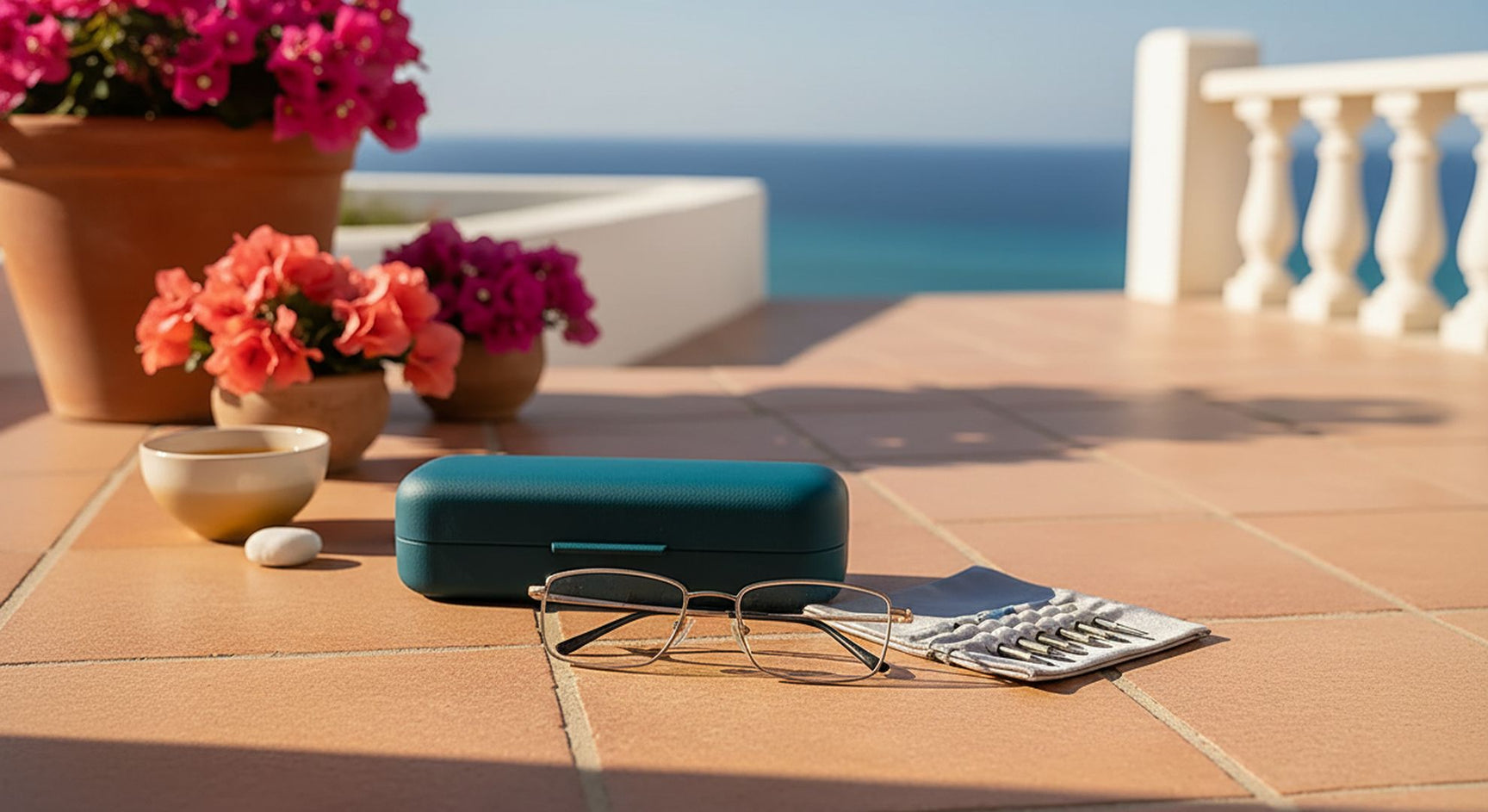 Gold metal eyeglasses and precision screwdriver set on terracotta tiles with Mediterranean coastal backdrop