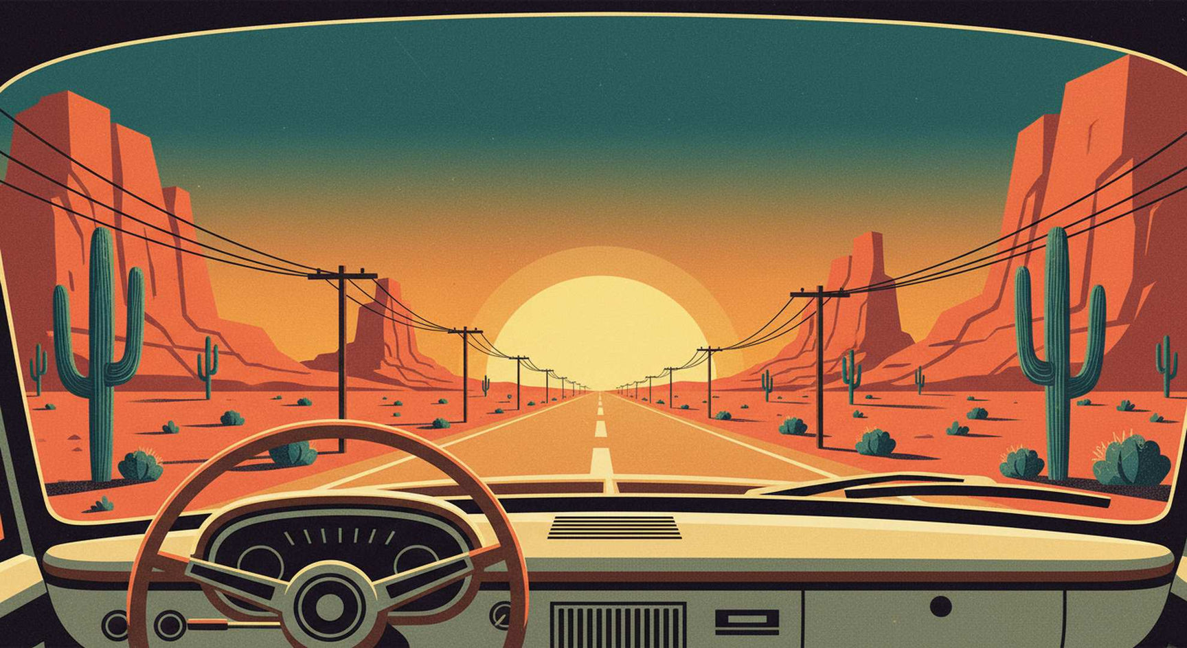 Retro-cinematic driver's POV through a vintage car windscreen on a desert highway at golden hour — road trip glasses guide