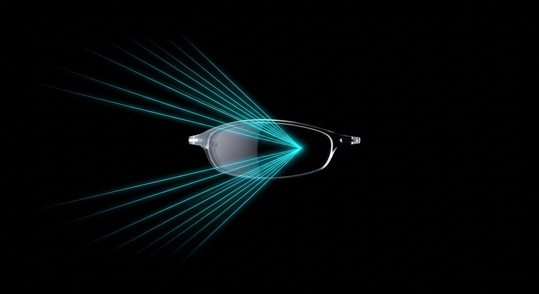 Prescription lens suspended in darkness with neon cyan light rays refracting through it — why are glasses lenses thick physics explained