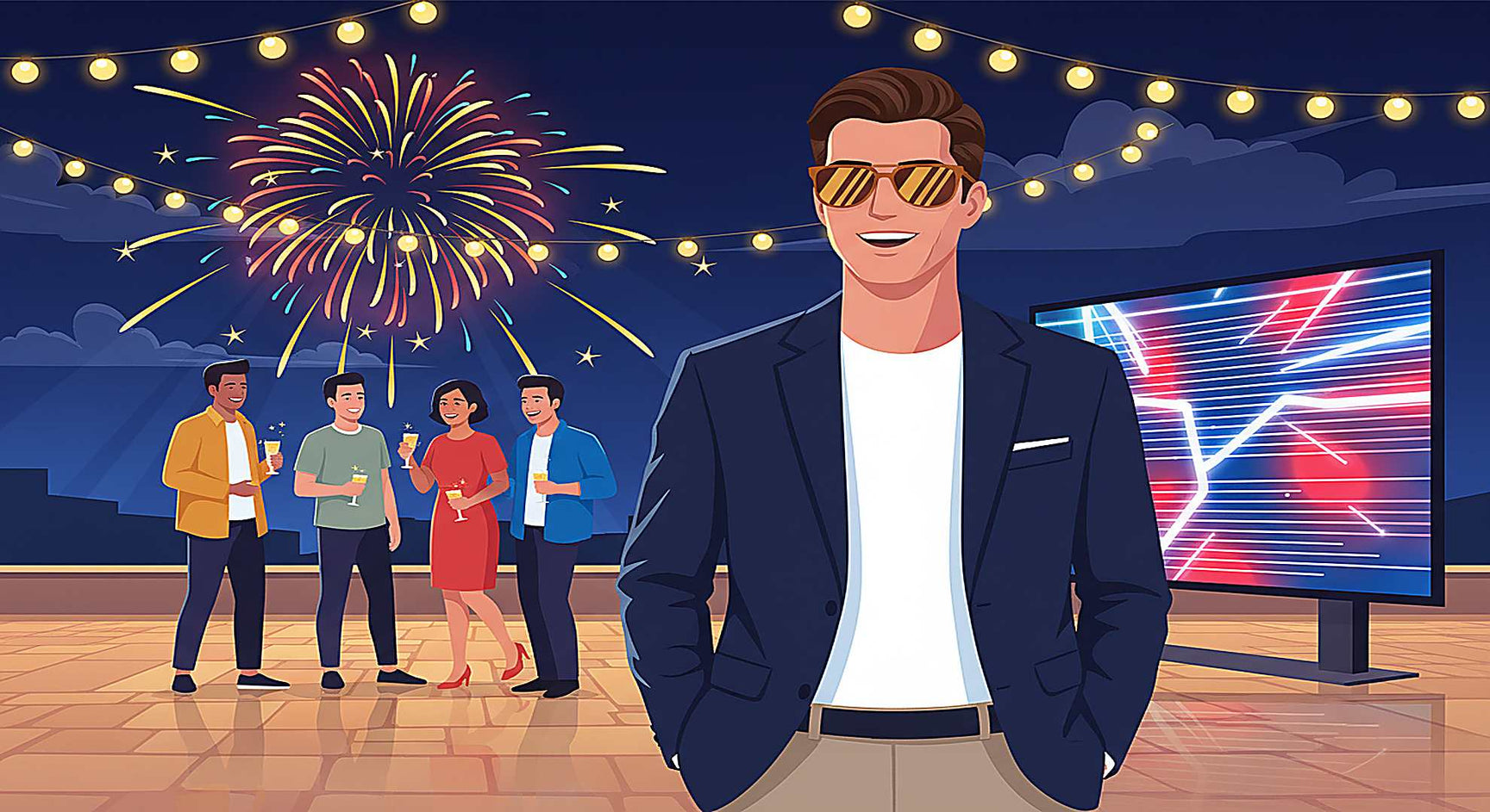 Man wearing amber tinted UV400 sunglasses at a July 4th outdoor evening celebration with fireworks bursting in the night sky and a bright LED screen visible behind him