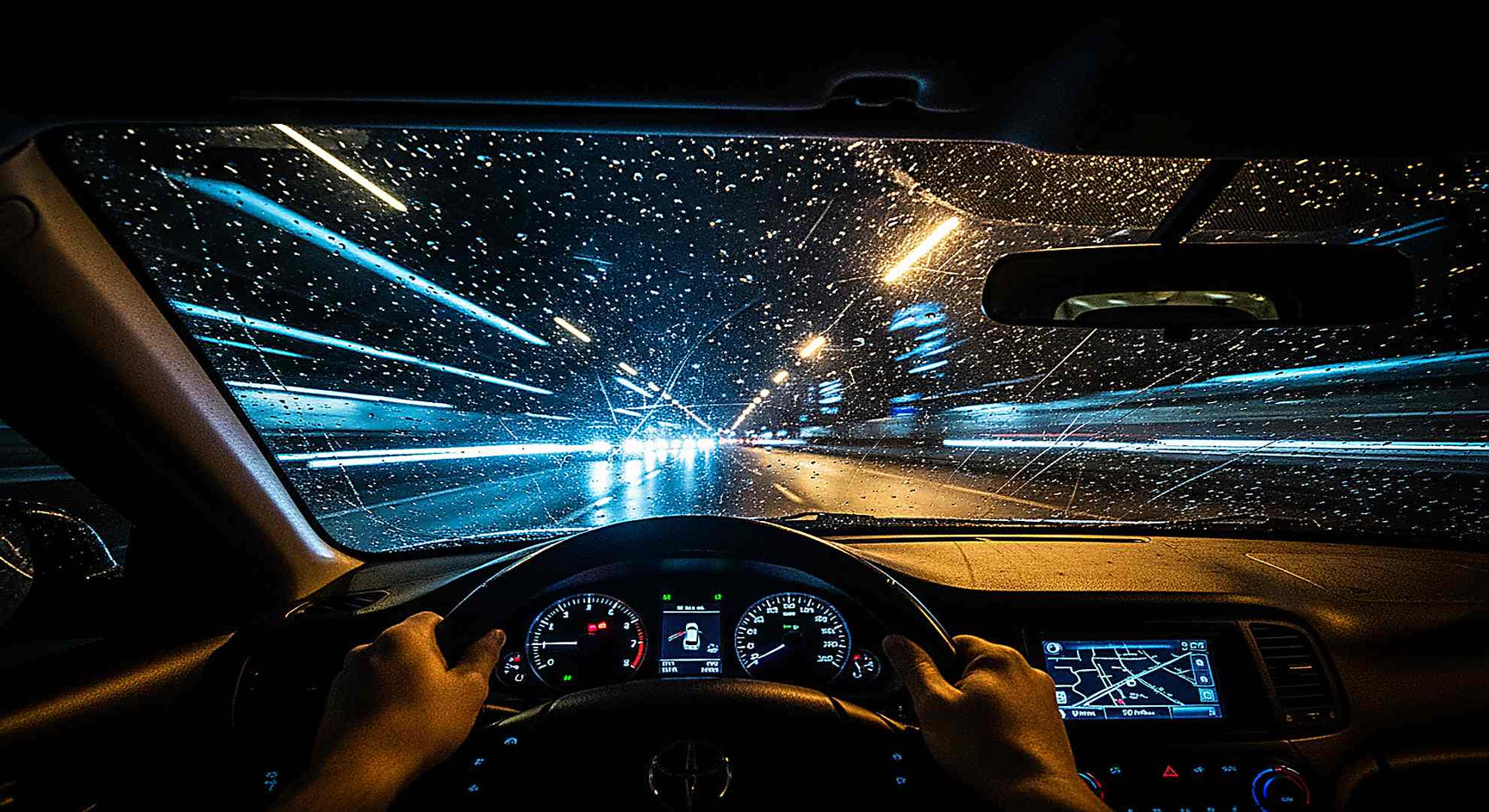 Night driving glasses — cinematic driver's POV on wet motorway with headlight halos in electric blue and amber