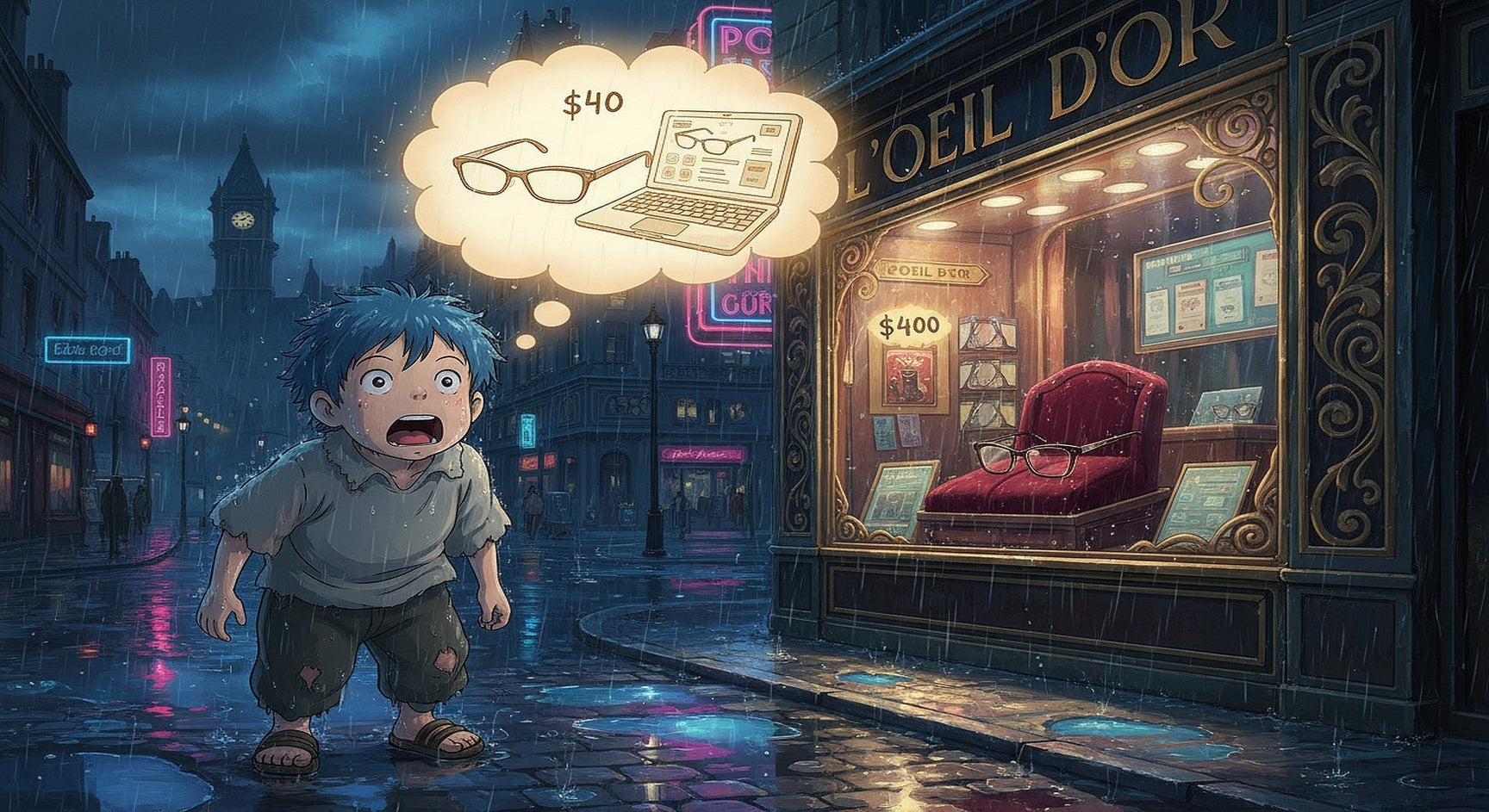 Anime illustration of a person shocked by optician glasses prices discovering cheaper online glasses alternative