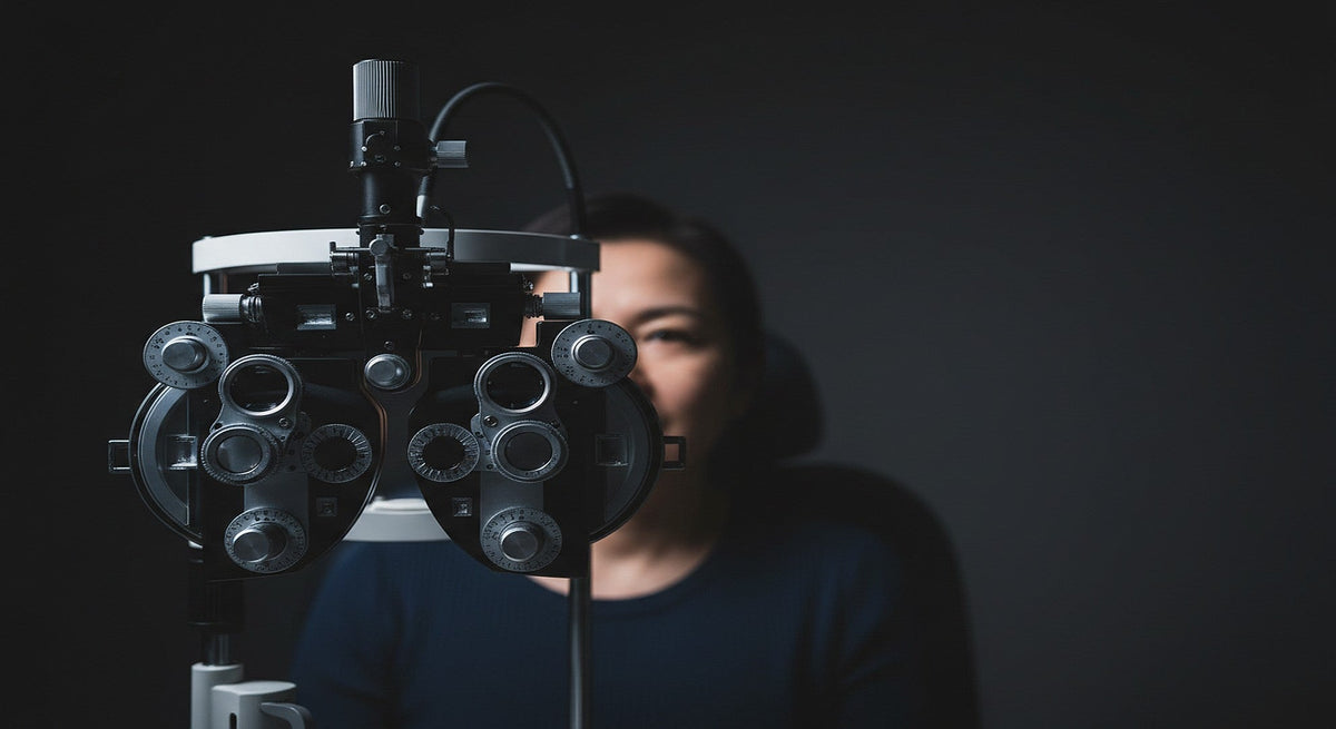 Adult patient at optometrist examination chair with phoropter in focus — what happens if you wear the wrong prescription