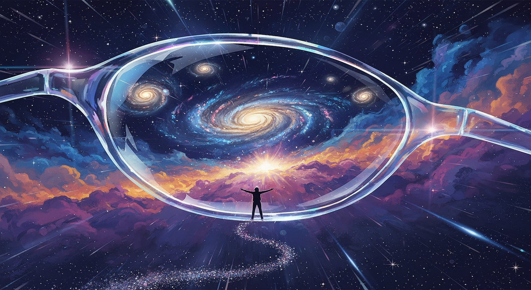 Giant polycarbonate prescription lens floating in cosmic space — ultra-clear and impact resistant