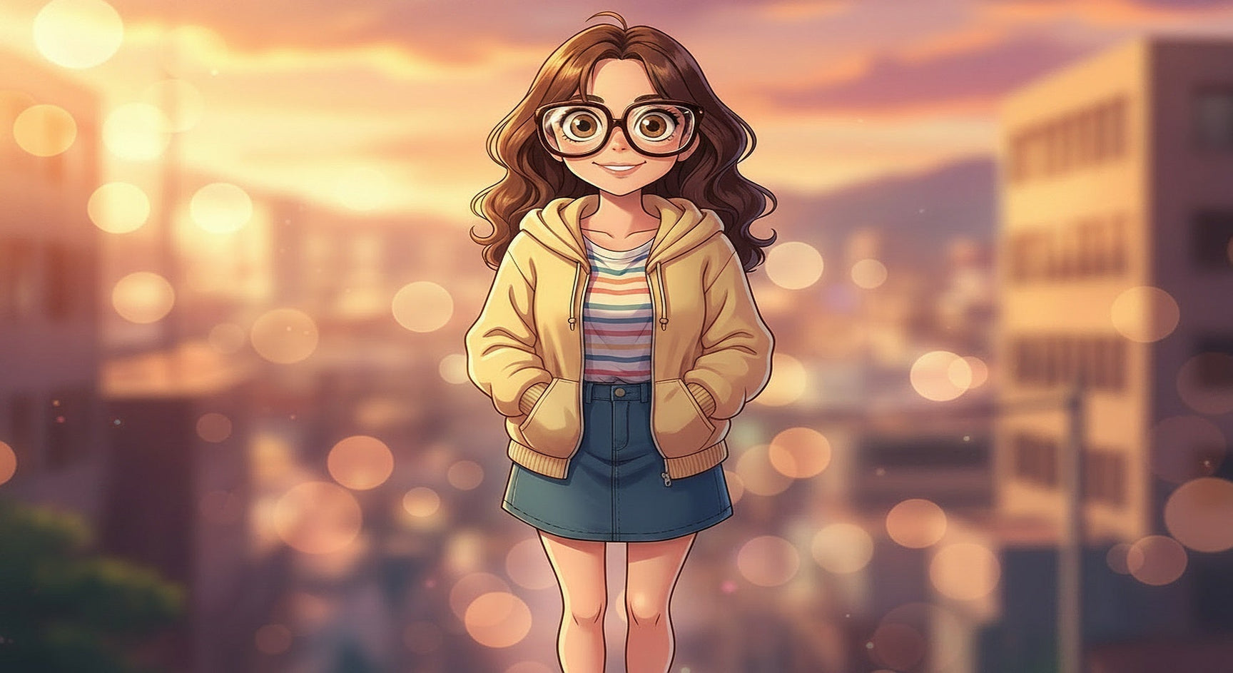 Anime illustration of a girl wearing thick bottle bottom strong prescription glasses with lens distortion