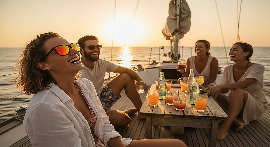 Friends laughing on a sailboat deck at golden hour wearing orange fire mirror polarized sunglasses