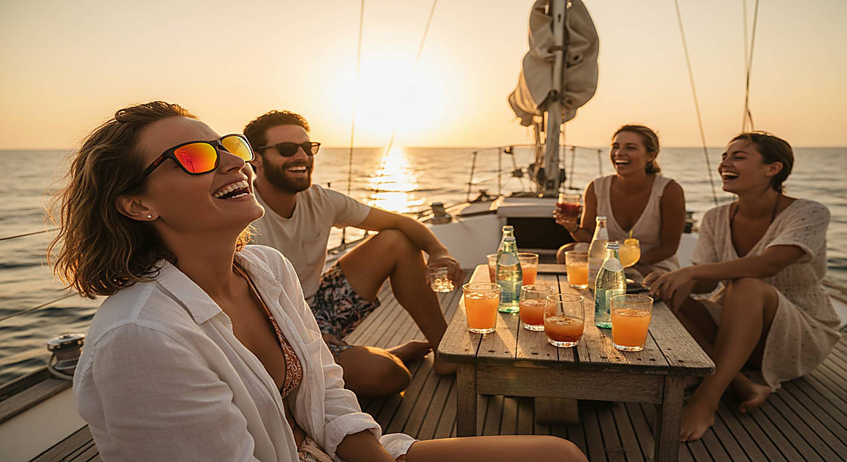 Friends laughing on a sailboat deck at golden hour wearing orange fire mirror polarized sunglasses
