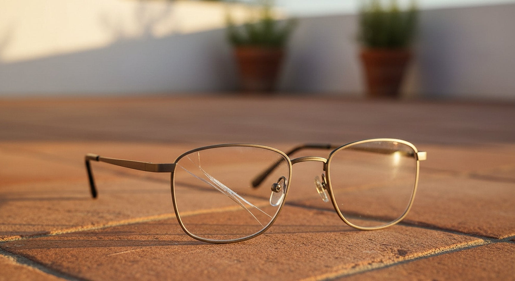Prescription eyeglasses with scratched lens resting on warm terracotta tiles in Mediterranean sunlight