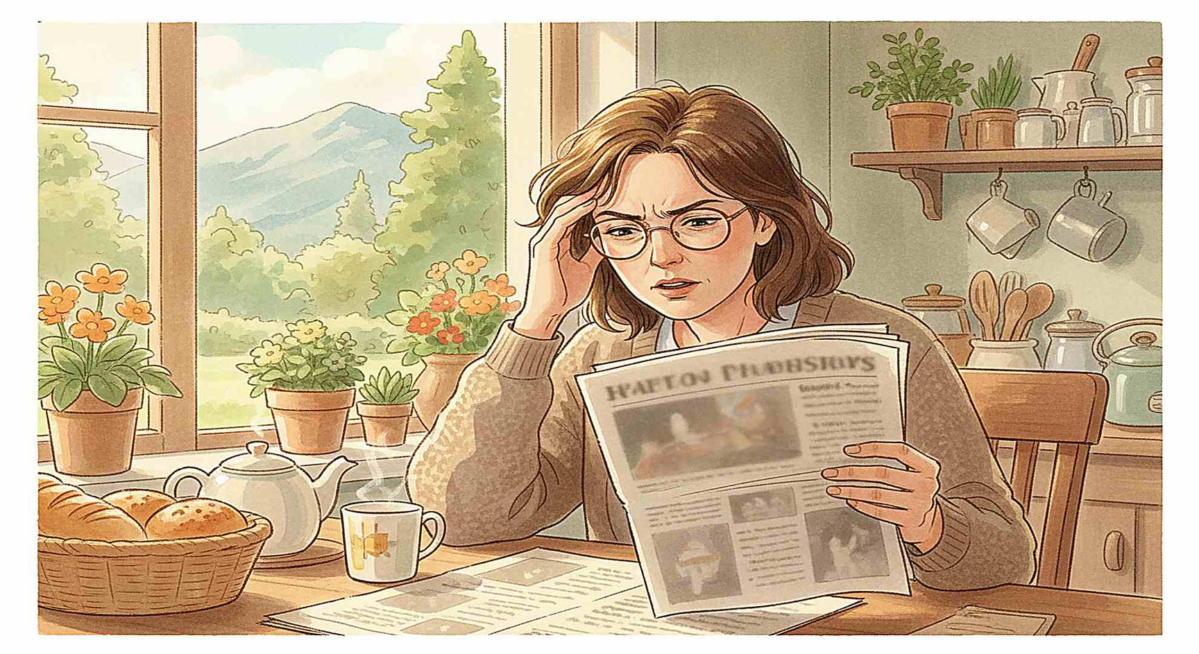 Signs your glasses prescription has changed — woman squinting at newspaper in warm morning light with outdated prescription