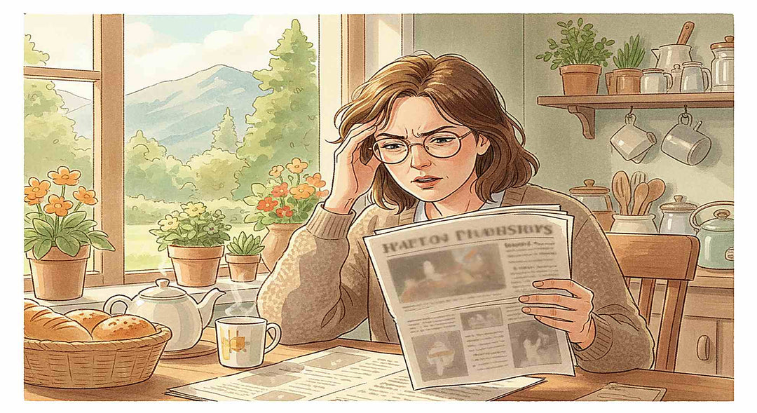 Signs your glasses prescription has changed — woman squinting at newspaper in warm morning light with outdated prescription