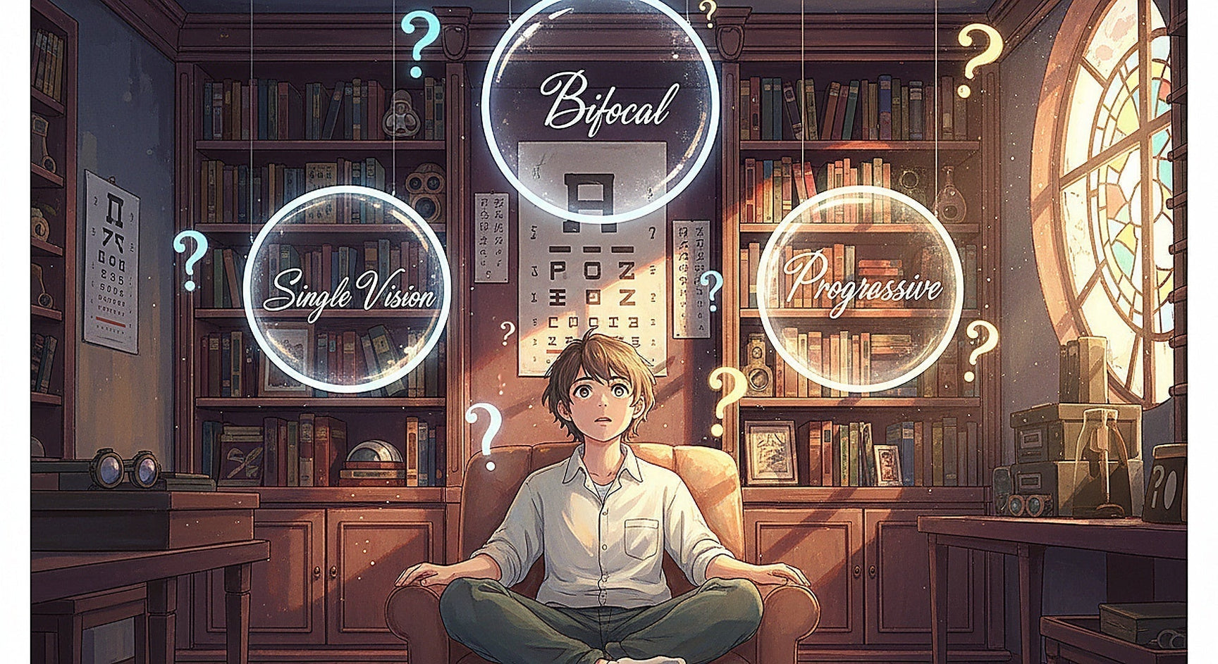 Anime illustration of a person choosing between single vision bifocal and progressive prescription lenses