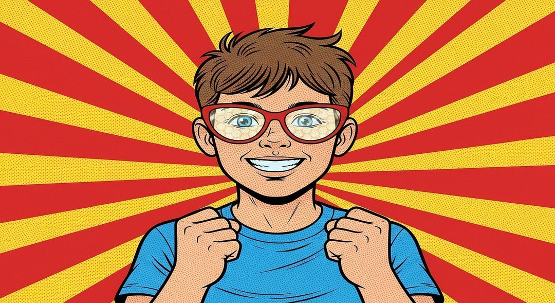 Defocus lenses for kids — pop art boy wearing red cat eye glasses with hexagonal myopia control lens array
