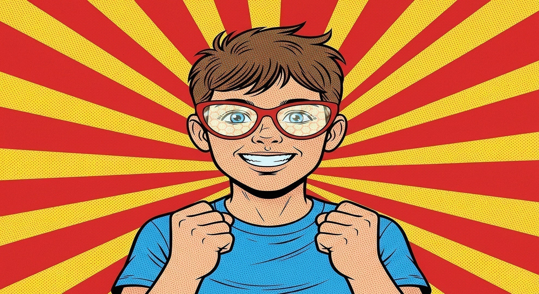 Defocus lenses for kids — pop art boy wearing red cat eye glasses with hexagonal myopia control lens array