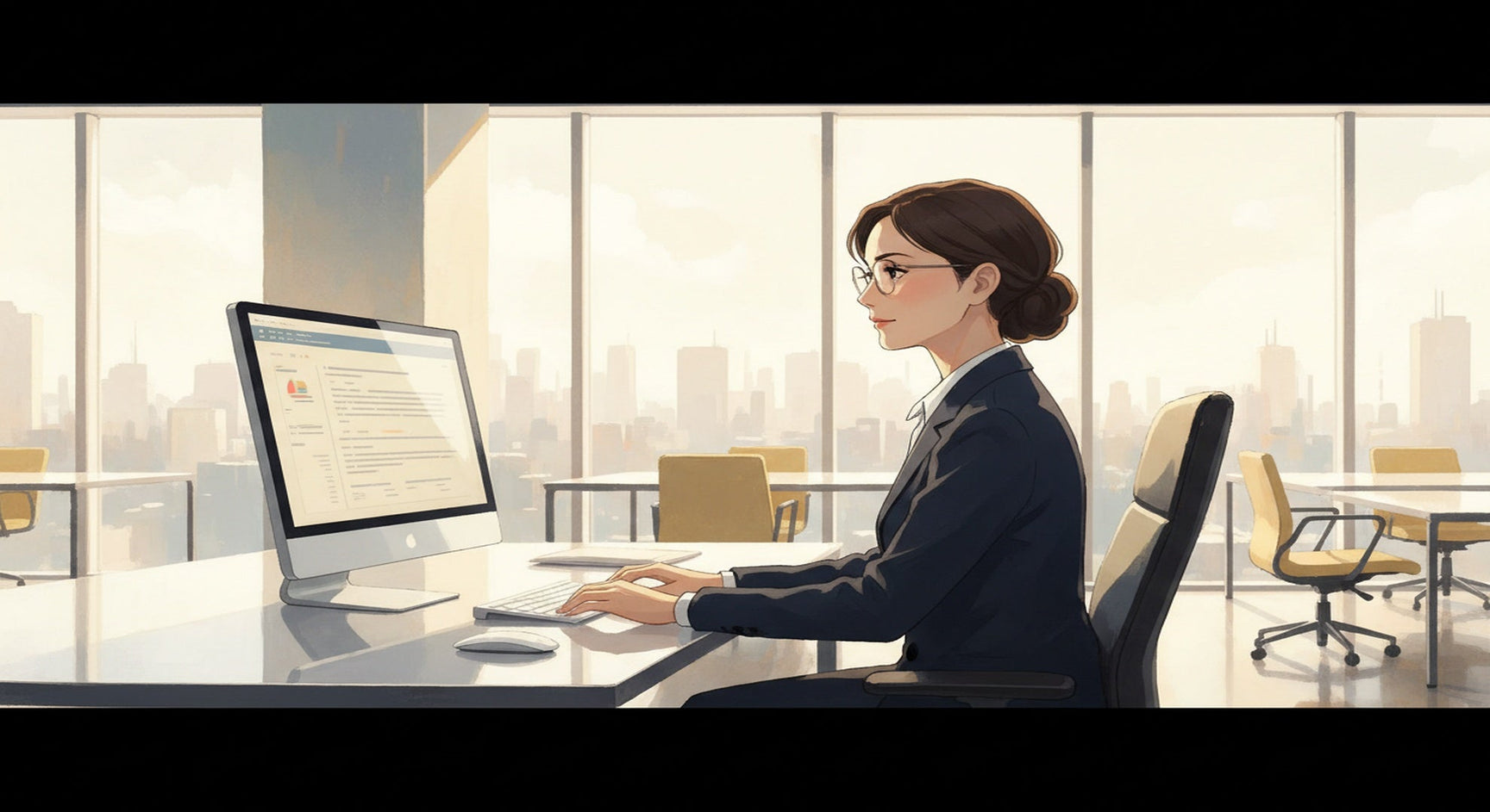 Computer glasses vs distance glasses — professional woman at desk with rimless glasses in modern office
