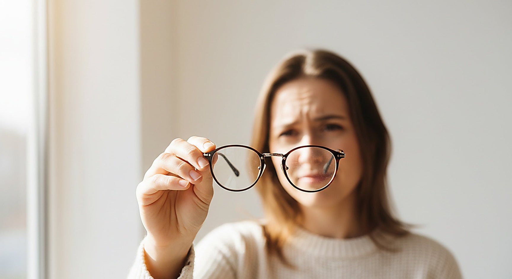 Person holding new glasses with puzzled expression — why do new glasses feel weird lens adaptation guide