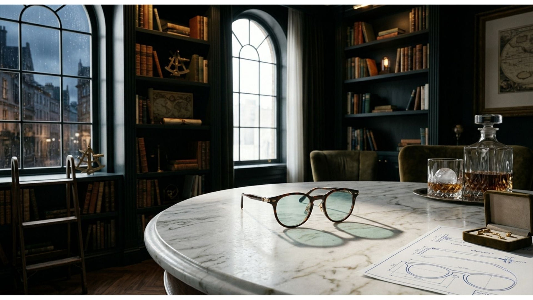 A pair of affordable quality prescription glasses on white marble surface, soft natural light, AR coating shimmer