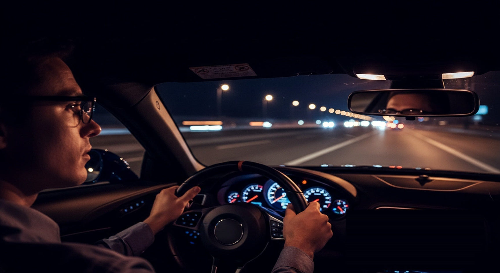 Driver wearing anti-glare driving glasses at night with oncoming headlights perfectly clear