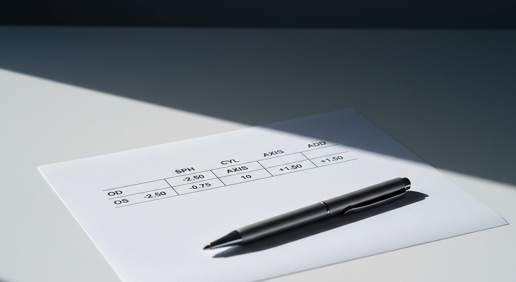 Eyeglass prescription terms complete advanced glossary showing prescription form with pen on dark surface