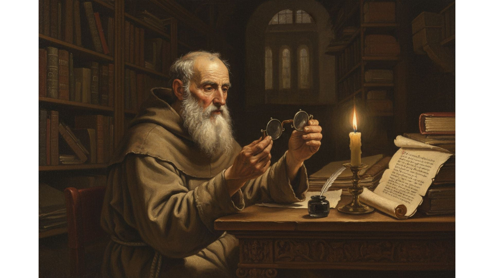 Medieval monk holding the first eyeglasses by candlelight illustrating the history of eyeglasses
