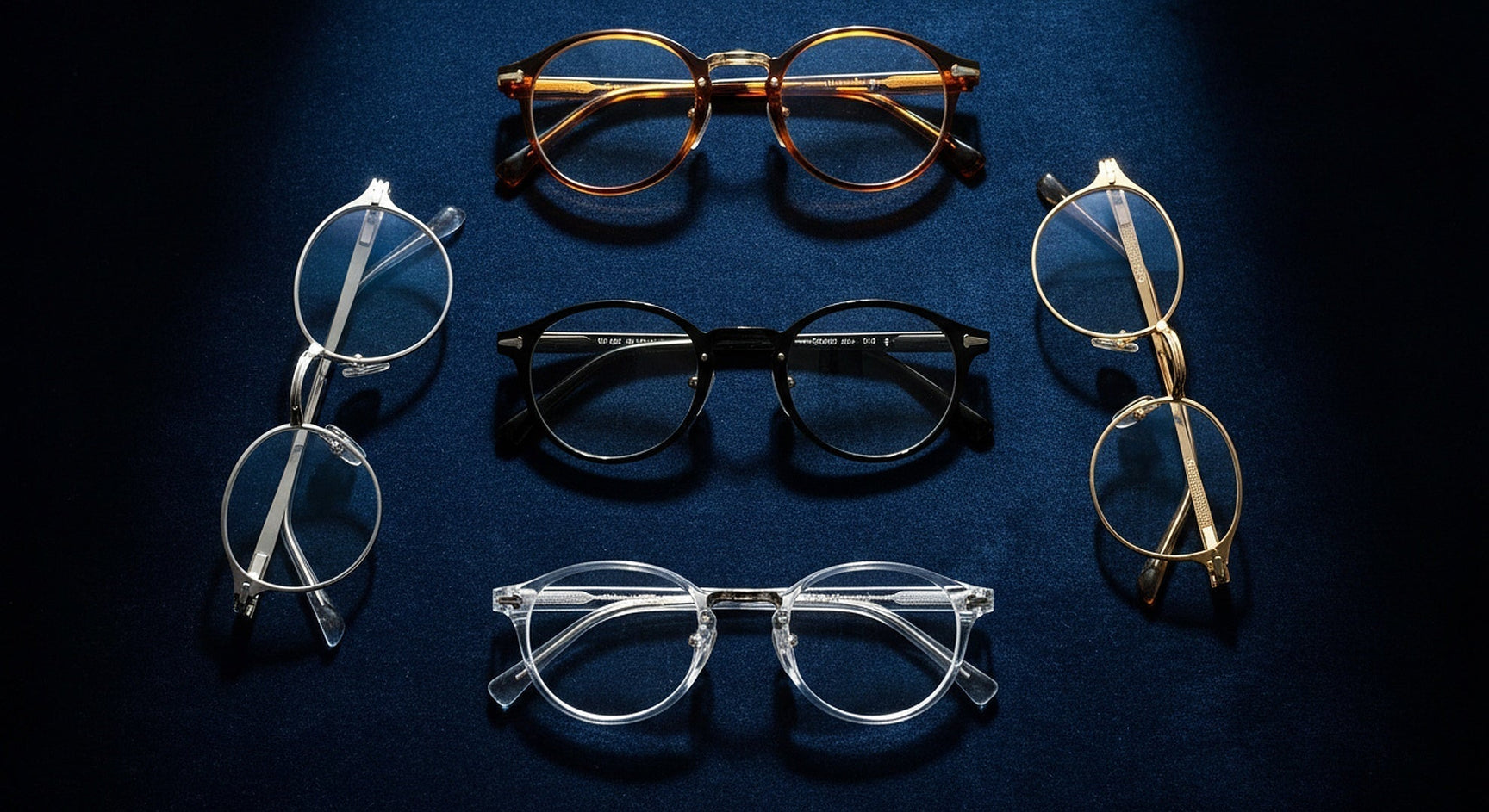 Round glasses frames complete guide 2026 showing five different frame styles flat lay on navy surface
