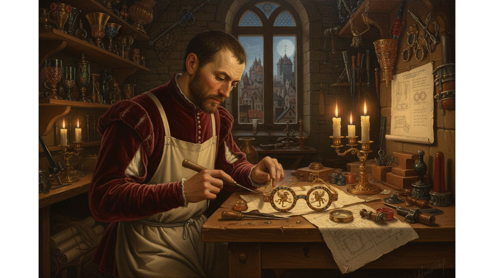 Renaissance goldsmith crafting ornate eyeglass frames illustrating the evolution of eyeglasses